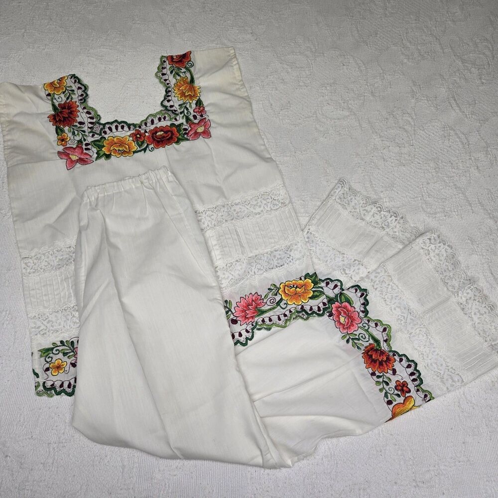 Mexican Boho Lace Flower Peasant Shirt Pants Set Women Small Sesita Embroidered